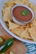 salsa and crispy chips on one plate