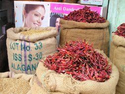 Hot red chilli peppers in the market in India