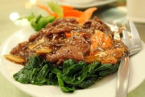 closeup photo of the beef stew and green leafy