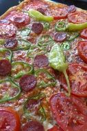 Italian pizza with salami and vegetables