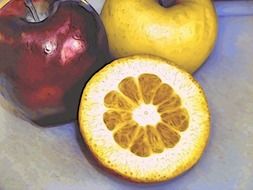 a slice of lemon and two apples
