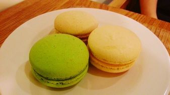 macaroon dessert on a white plate close up