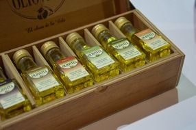 olive oil bottles in a box