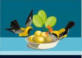 painted bowl of fruit and two birds