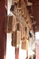 food boxes suspended on ropes