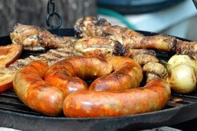 grilled sausages mashrooms onions