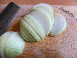 sliced onions on a wooden board