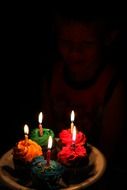 birthday celebration with cupcakes and candles