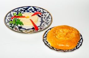 food on plates with blue ornaments