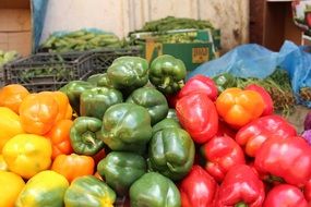 different types of paprika in the vegetable market close-up