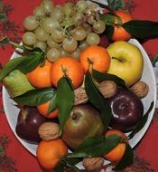 composition of fruits and walnuts on the plate