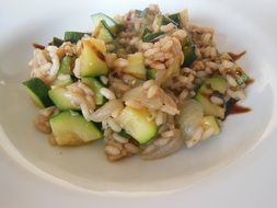 rice with zucchini on a white plate