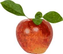 glossy red apple with green leaves, digital art