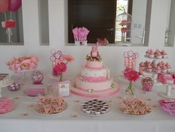 pink cakes and cold food on celebration table