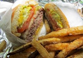 delicious cheeseburgers with french fries