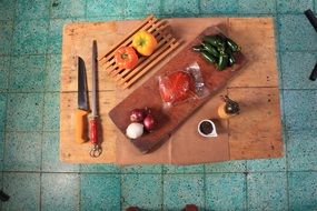 vegetables and meat on the cutting Board