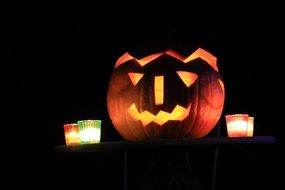 halloween pumpkin and candlelights in darkness