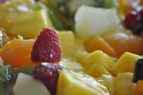 dessert with fruits close-up on blurred background