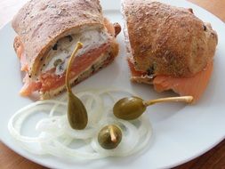 Bread with salmon on a plate