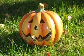 ceramic pumpkin on green grass