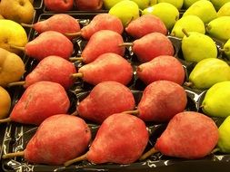 ed, green and yellow pears on the market