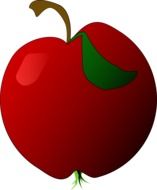 drawing of te dark red apple fruit with a green leaf