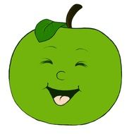 comic green apple with stick out tongue, drawing