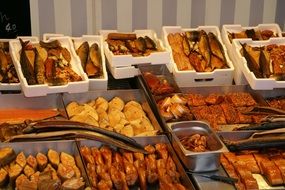 smoked seafood in a market in Germany