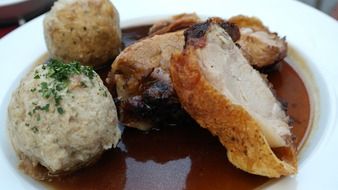 roast pork and bread dumplings, southern german cuisine