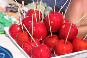 apples in caramel on a stick
