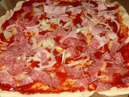 dough of pizza with sausages, ham and salami