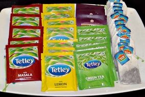 colorful packed tea bags on tray