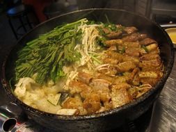 beef gopchang in pan, traditional korean food
