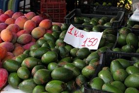 avocado and mango with a price tag on the market