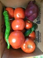 tomatoes and peppers in a paper box