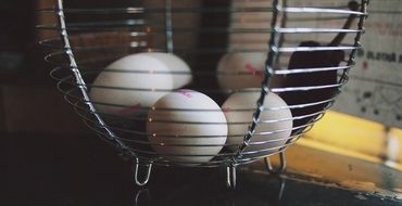 white chicken eggs in a metal basket