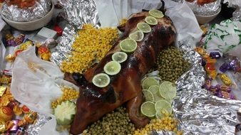 roasted pig on the table