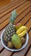 bowl of fruit on a wooden table