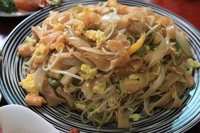 delicious fried noodles on striped plate