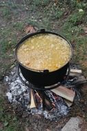 cooking soup over a campfire