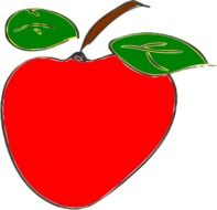 drawing of a red apple with two green leaves