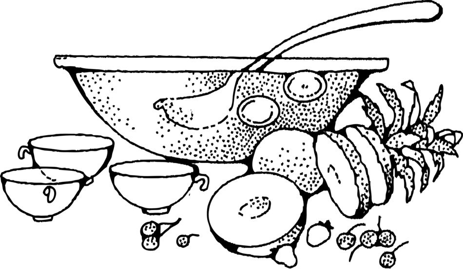 Black and white drawing of the punchbowl with fruits