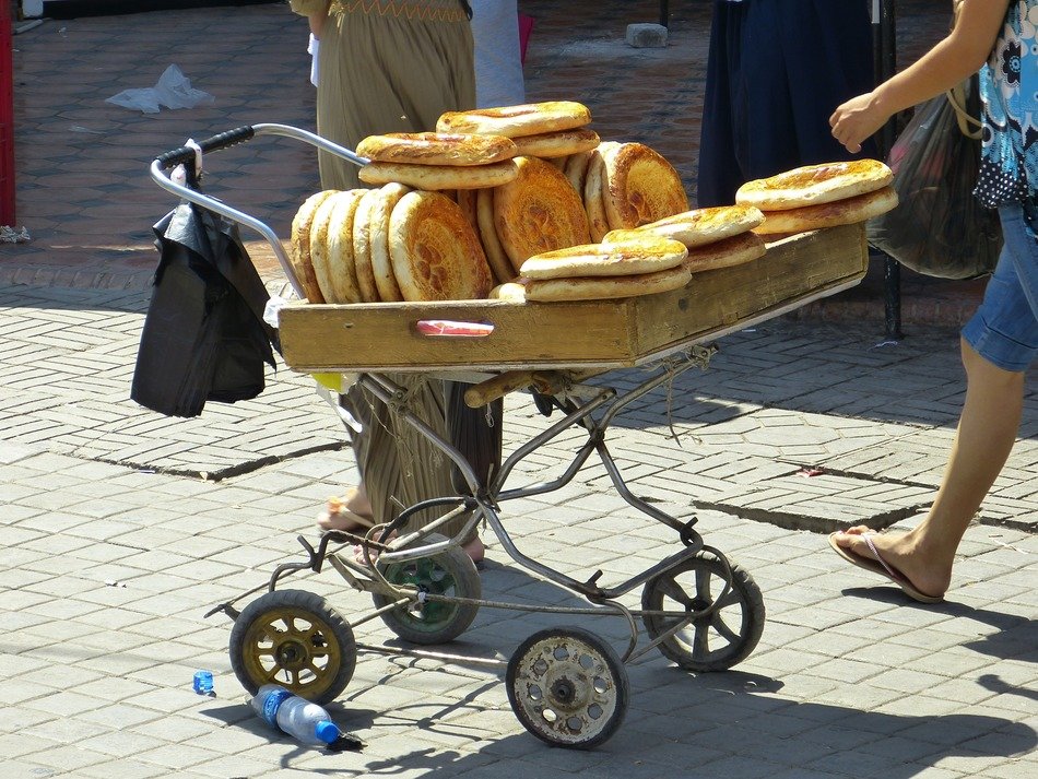 Fresh pita bread on a cart in Uzbekistan