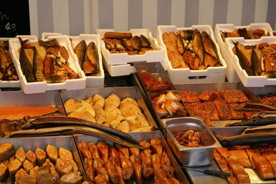smoked seafood in a market in Germany