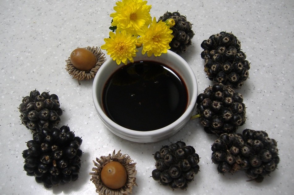 a dish with dark liquid and plant fruits