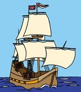 drawing of a ship at sea under a blue sky
