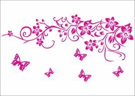 pink floral ornament and butterflies, drawing