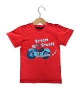red kid’s t-shirt with Motorbike print on hanger