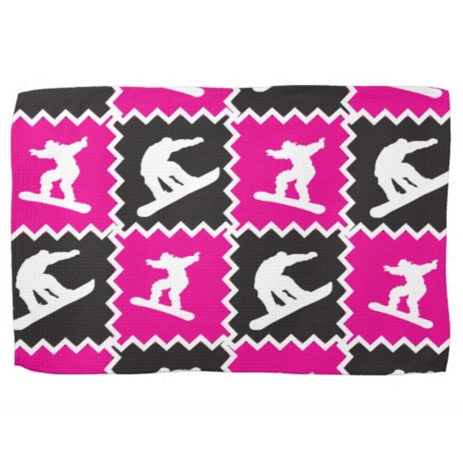 Girls Snowboarding Pattern Hot Pink Black Kitchen Towels