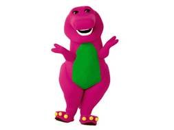 photo of a man in a pink dinosaur costume